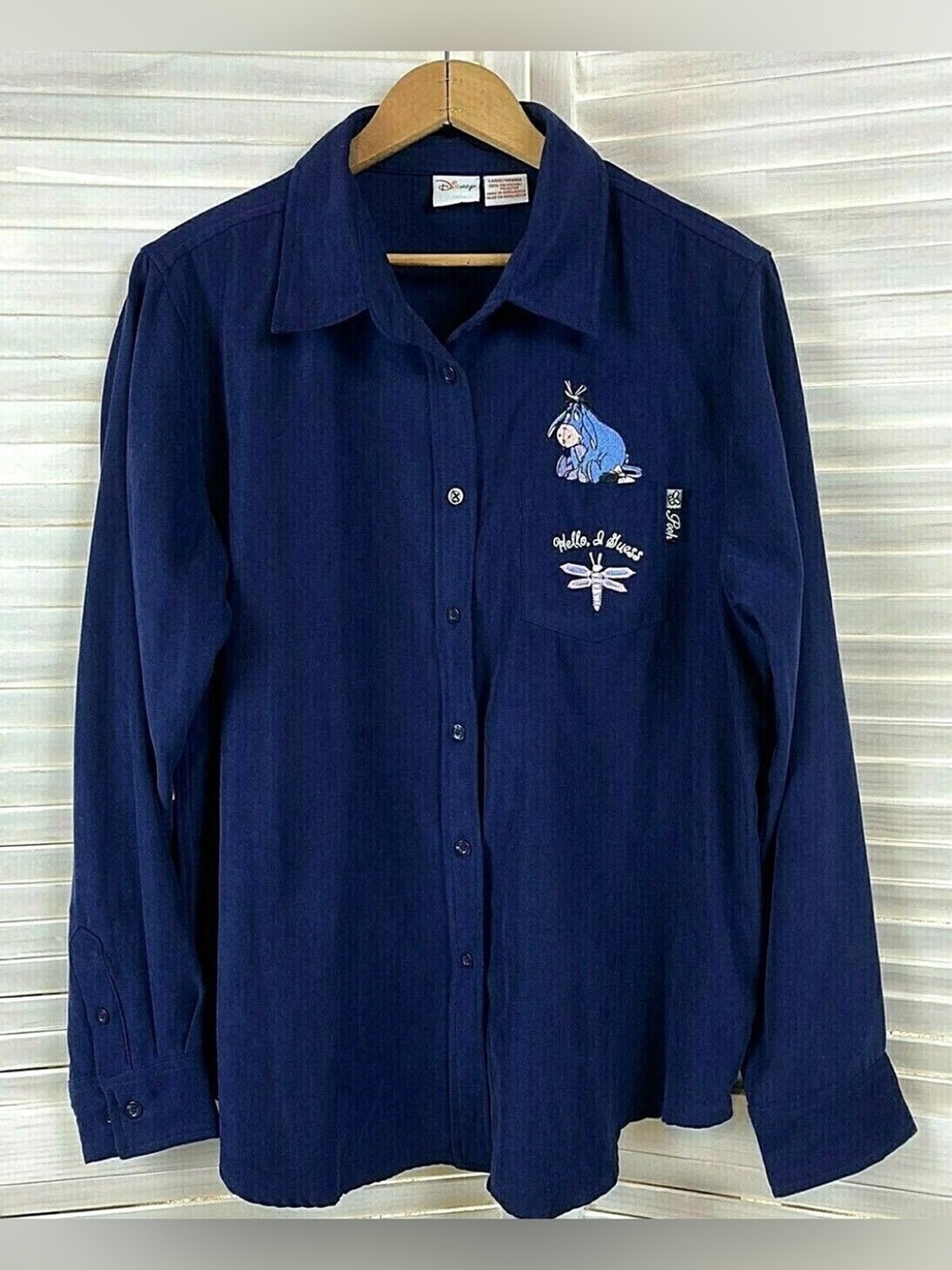 Disney Large Eeyore Hello I Guess Navy Blue Button Up Long Sleeve Shirt Womens